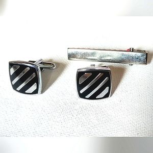 NEW 3pc. Cufflinks: "Striped" Stainless Steel/Enamel & Tie Bar. Bullet Back